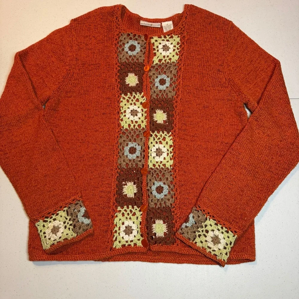 Cottagecore Orange Crochet Granny Square Cardigan Sweater Medium Boho Chic Artsy
